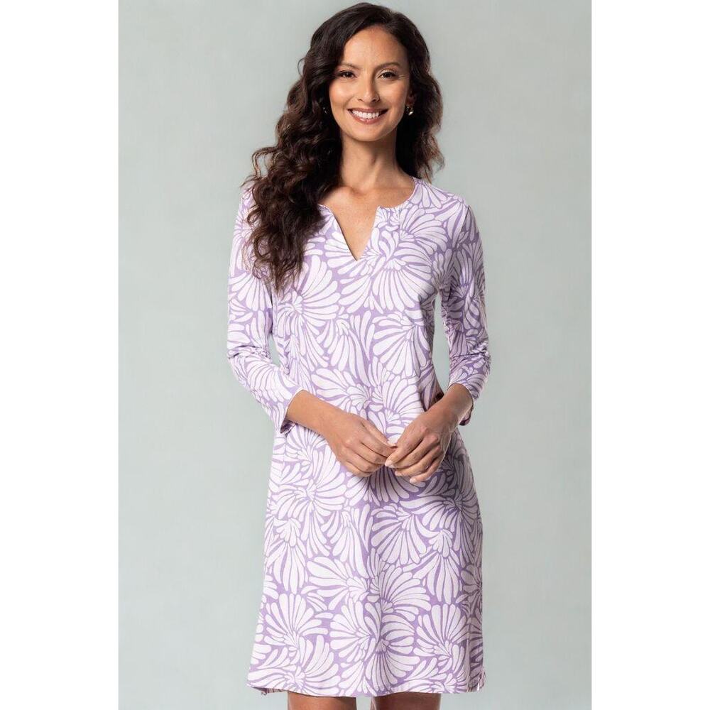 coolibar Oceanside 3/4 Sleeve Tunic Shift Dress Lavendula Sea Fan Women's Medium